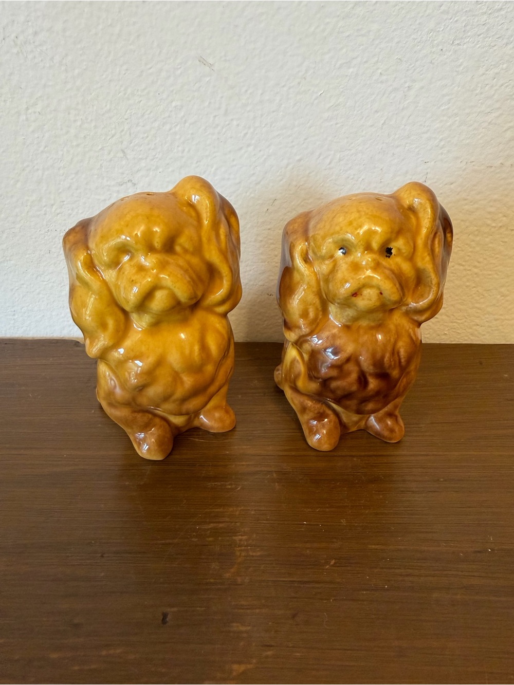 Vintage Ceramic Dog Salt and Pepper Pair in Glossy Amber Brown
